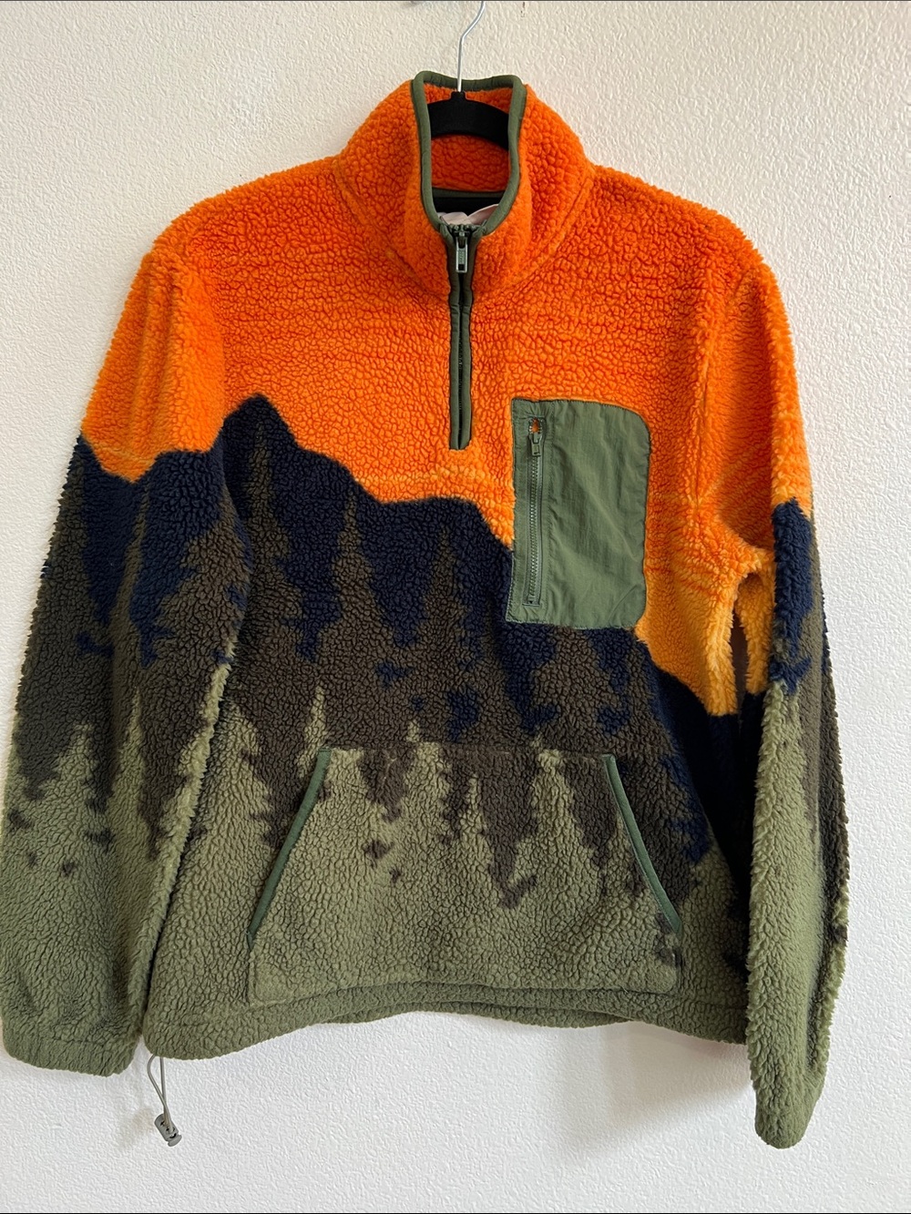 SUN + STONE Men's Terrain Sherpa Fleece Quarter Zip Sweatshirt Green/Orange S - Picture 12 of 13